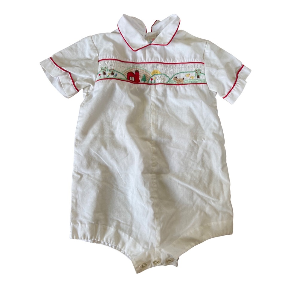 House of Hatten Vintage Smocked Farm Romper White Red 24 Months